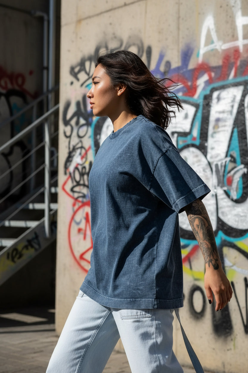 Remera Oversized Stone Wash Azul Marino