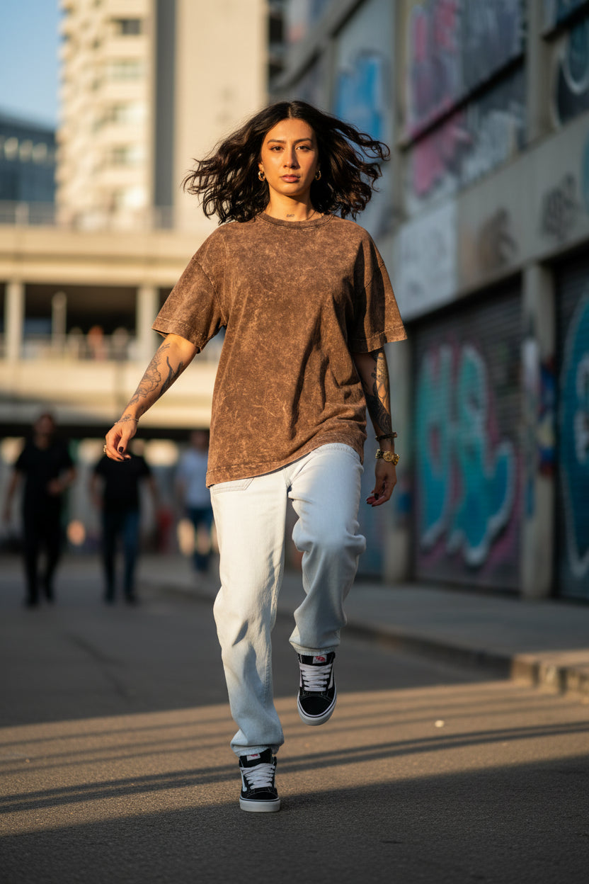 Remera Oversized Stone Wash Marrón