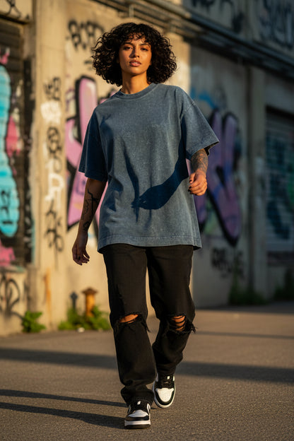 Remera Oversized Stone Wash Azul Marino