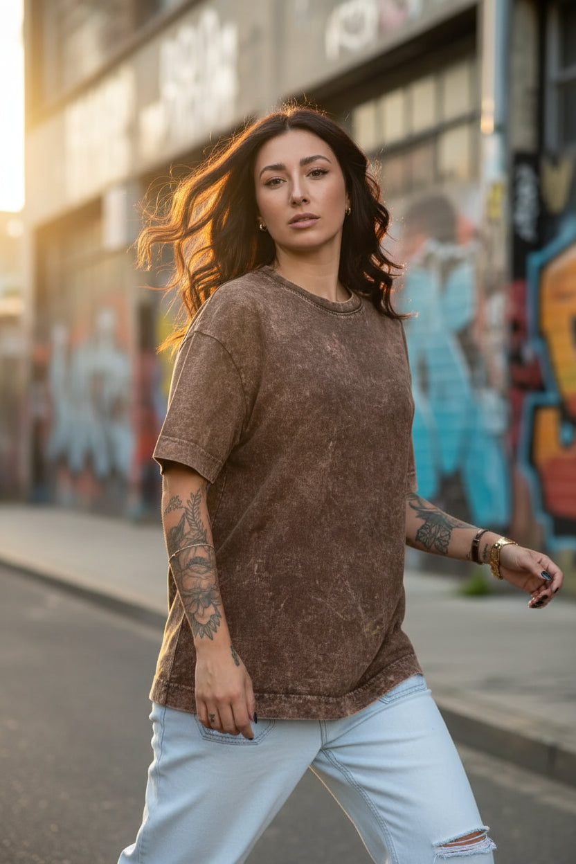 Remera Oversized Stone Wash Marrón
