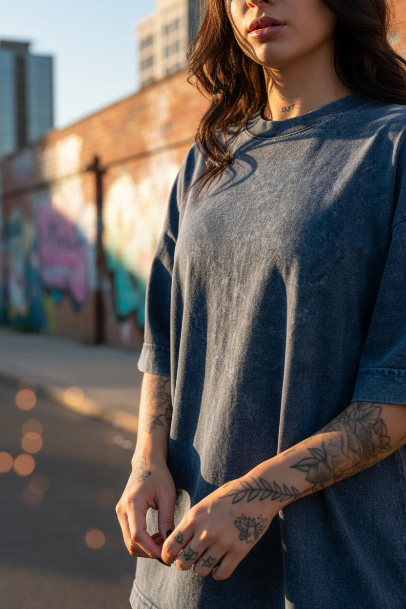 Remera Oversized Stone Wash Azul Marino